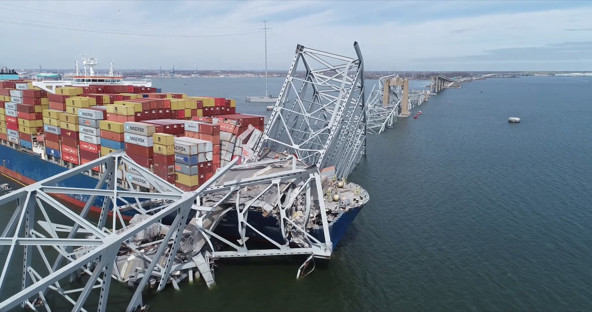 NTSB drone image of the Dali and the collapsed Francis Scott Key Bridge, March 26, 2024